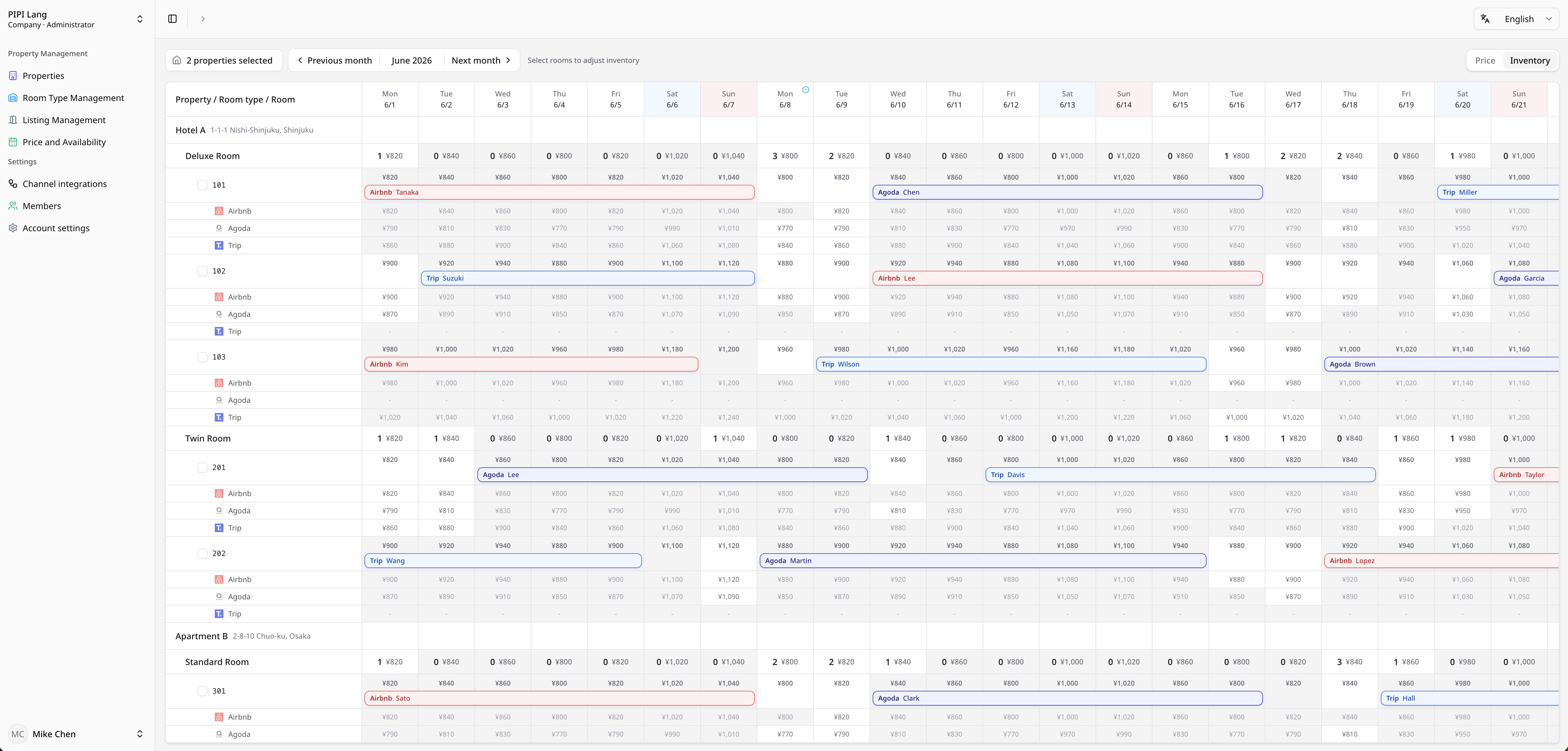 OlymOS calendar console showing multi-channel reservations and availability