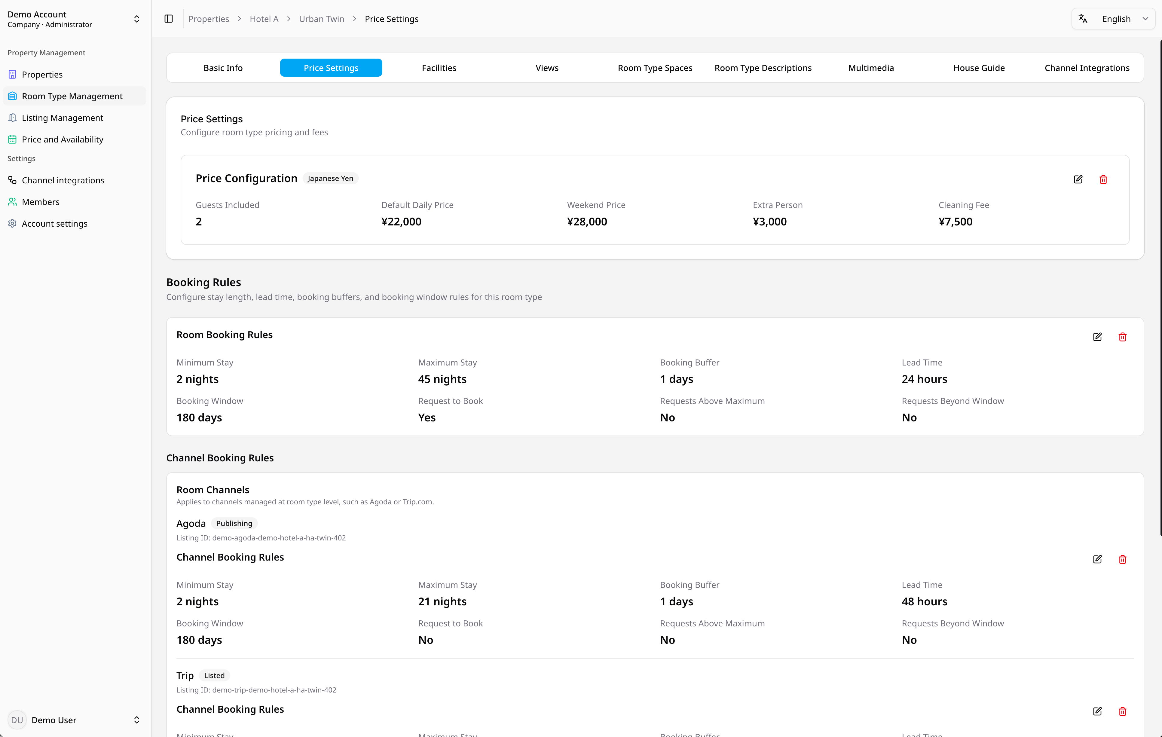 Price settings with per-channel booking rules for a room type
