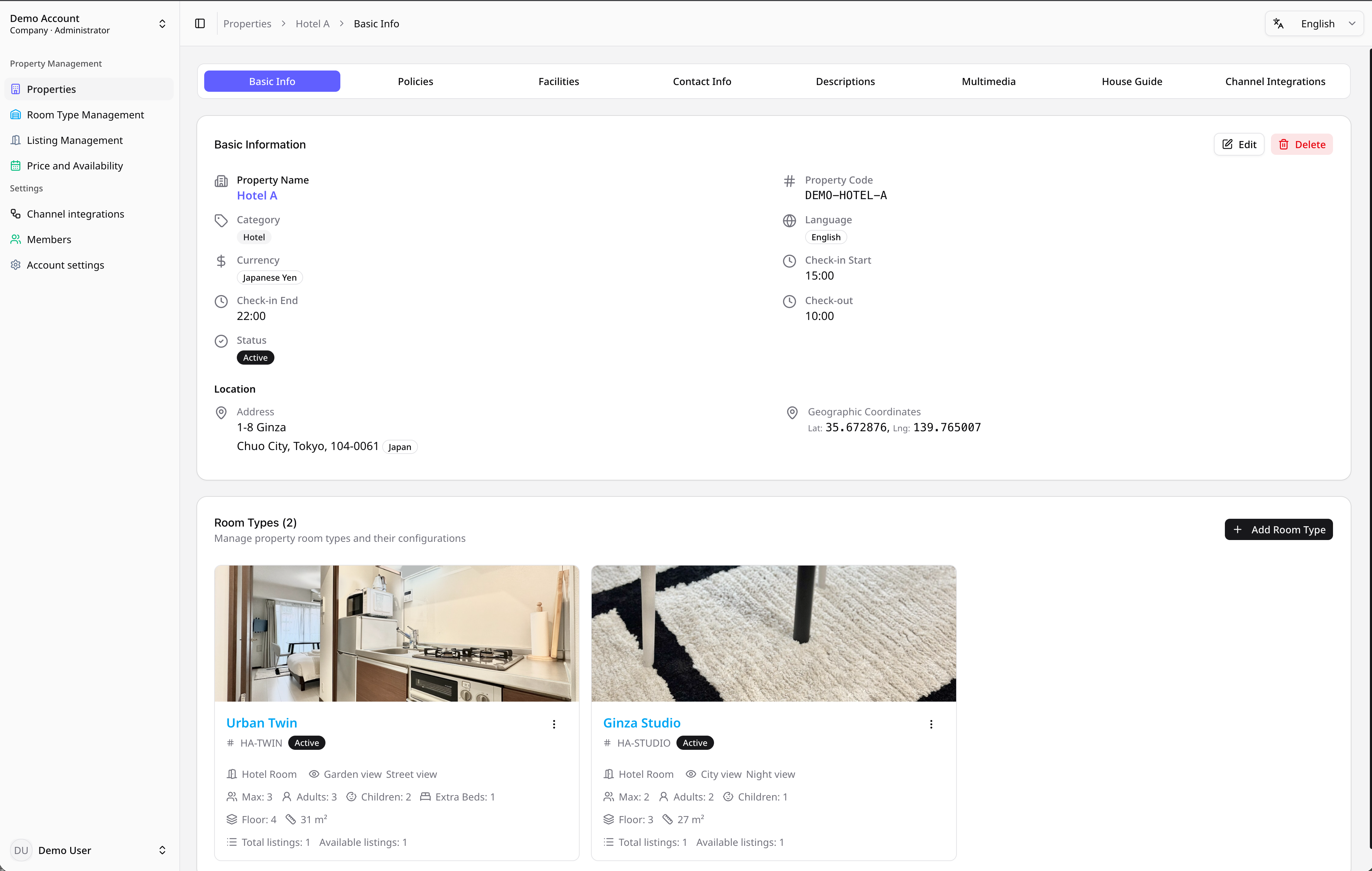 Property detail with room types and basic information