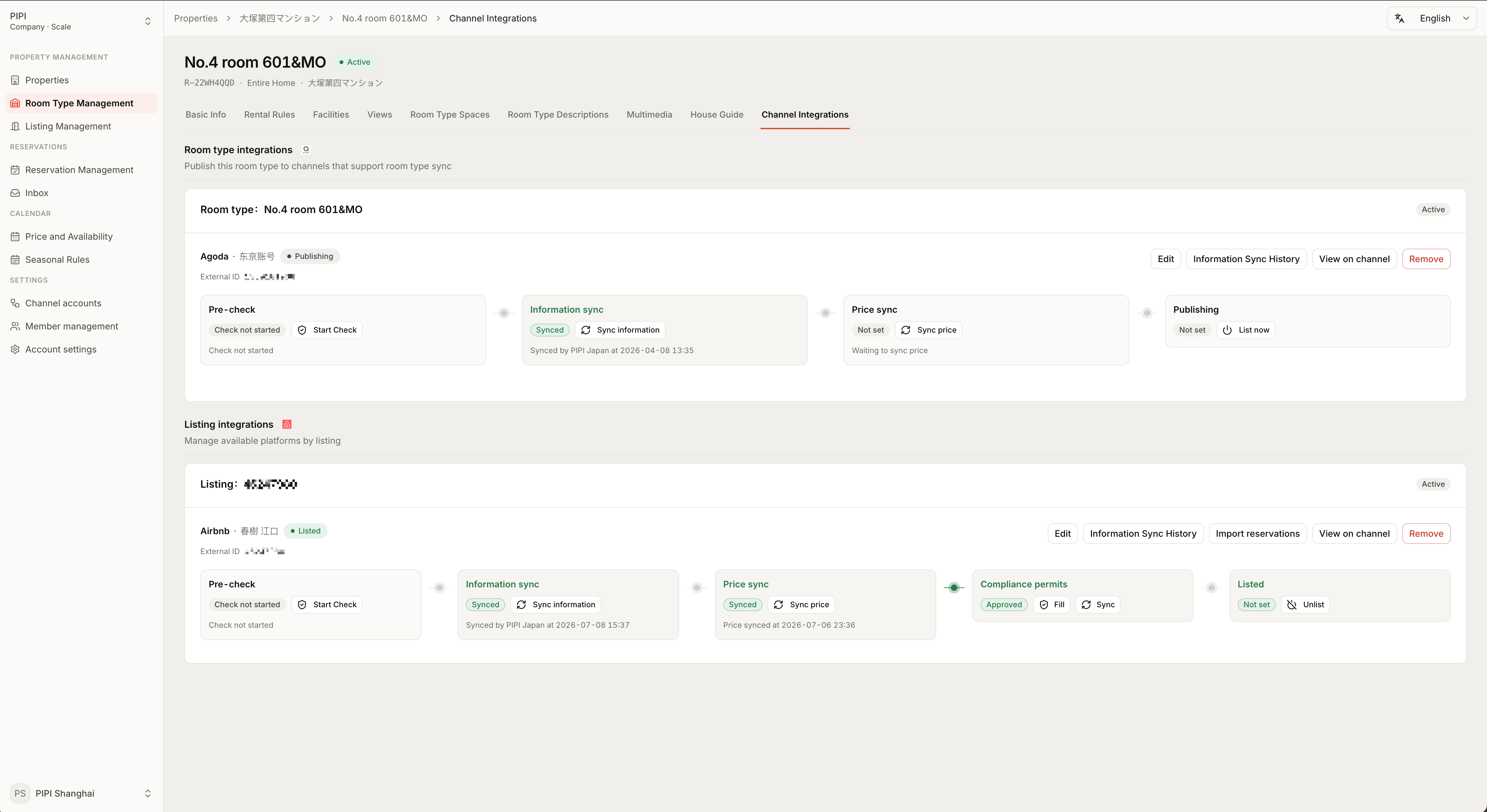 Booking site connections for Airbnb, Agoda, and Trip.com