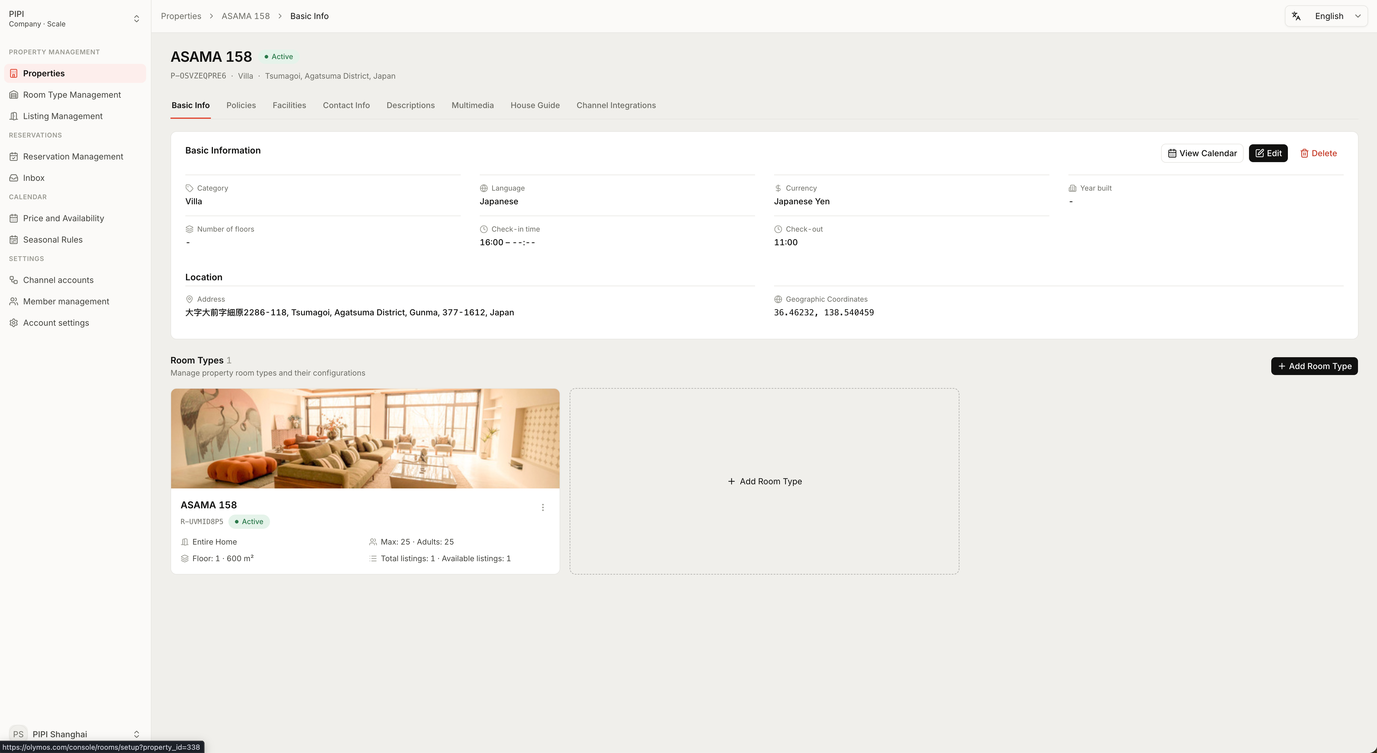 Property detail with room types and basic information